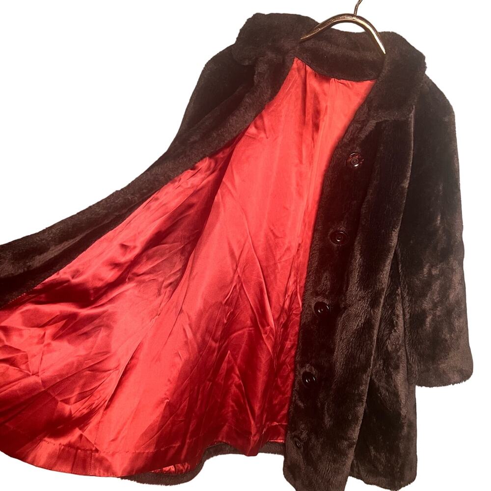 Vintage 60s Brown Faux Fur Swing Coat Button Front Collared Pockets Rockabilly - Picture 4 of 11
